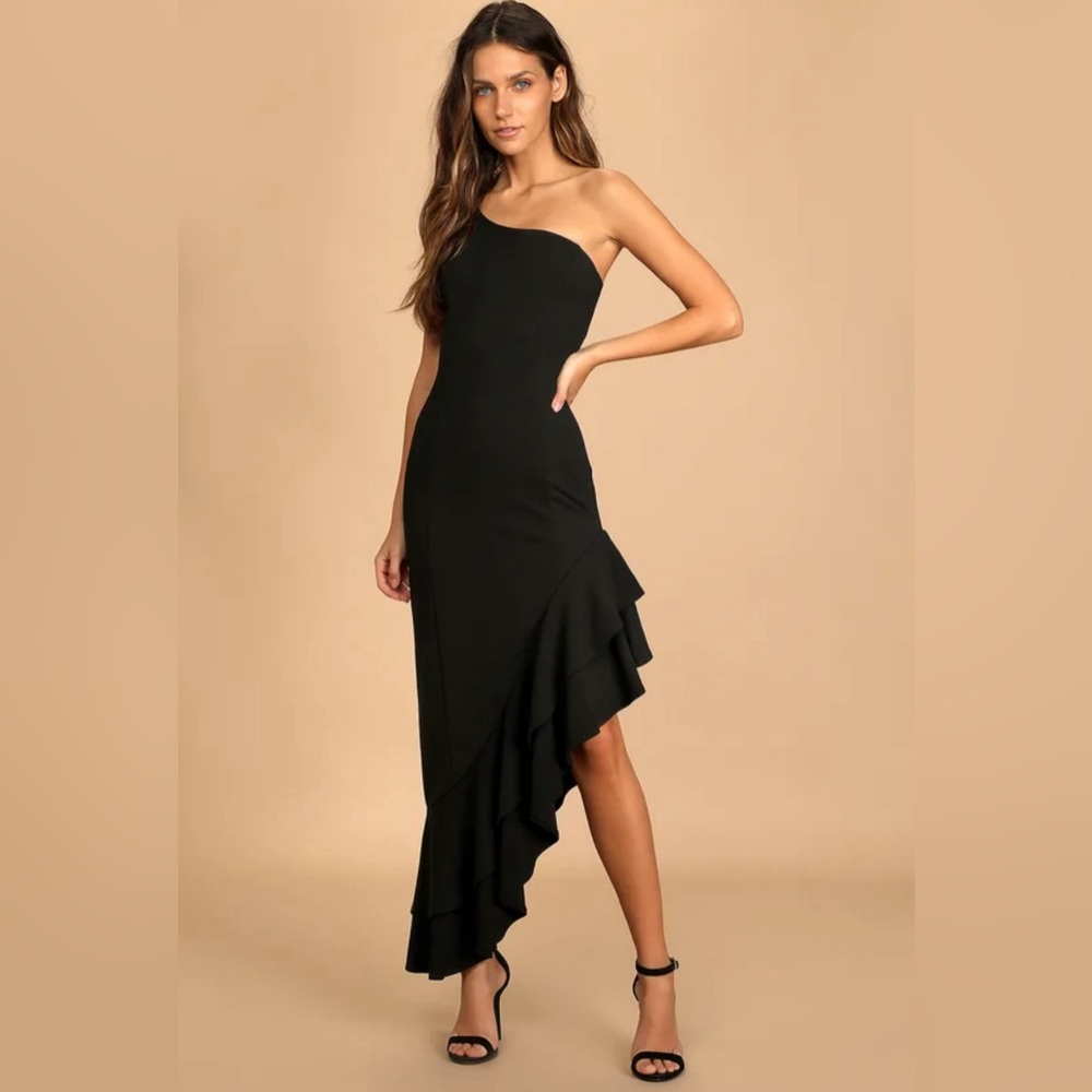 Lulus Steal a Glance Black One-Shoulder Asymmetrical Midi Dress